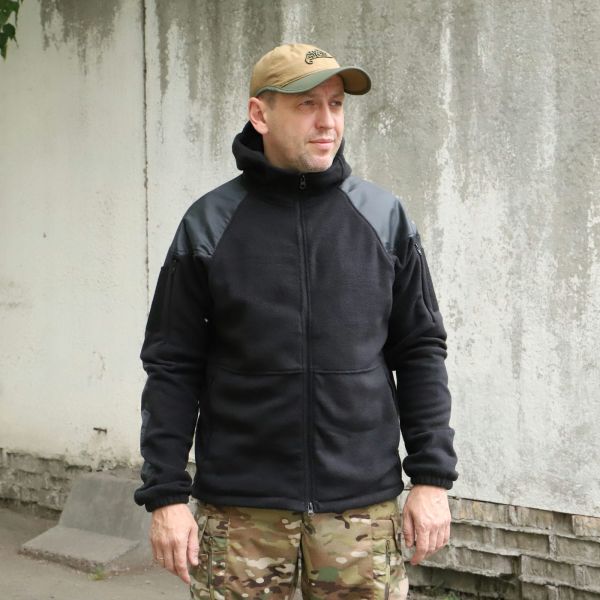 Кофта флісова чорна з капюшоном "Шерман" з накладками ріп стоп. 350г/м2