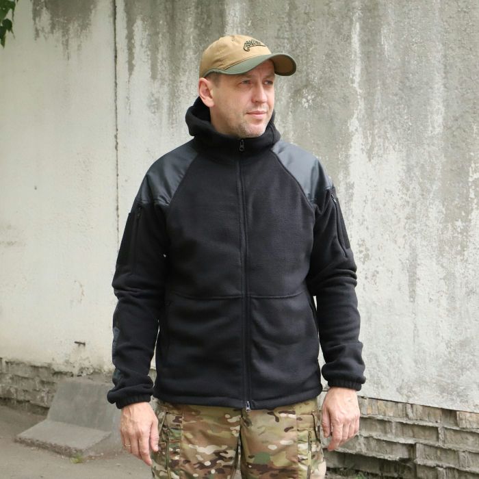 Кофта флісова чорна з капюшоном "Шерман" з накладками ріп стоп. 350г/м2