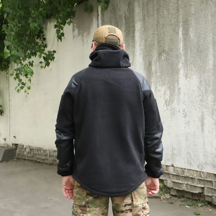 Кофта флісова чорна з капюшоном "Шерман" з накладками ріп стоп. 350г/м2